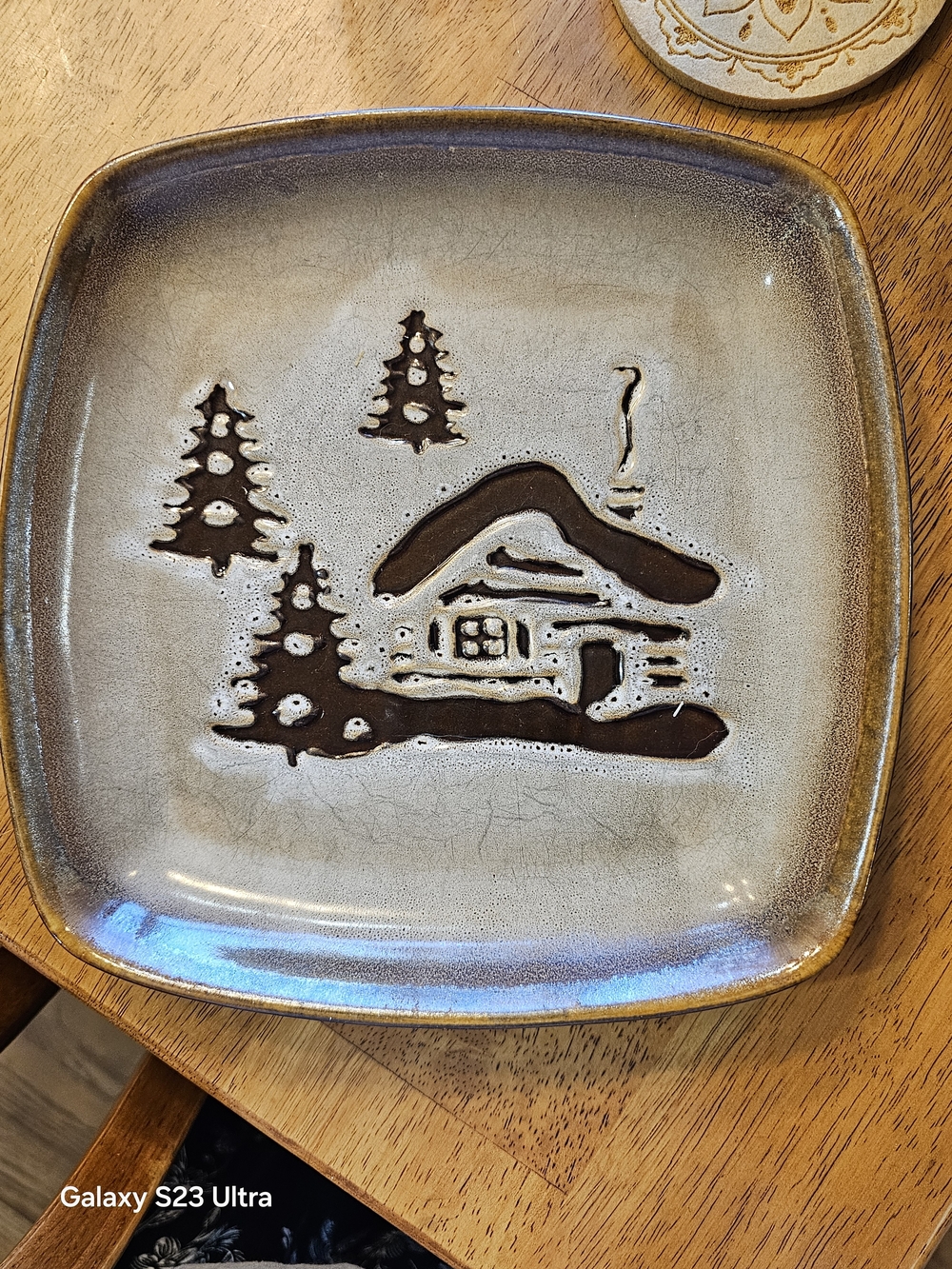 Rustic Ceramic Serving Plate in Cream and Brown with Cabin Motif